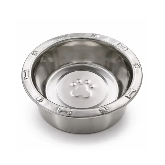 Stainless Steel Dog Bowls Dishes Pawprint Embossed Extra Wide Rim Choose Size (5 Quarts - 160 ounces)