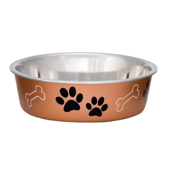 Stainless Steel Dog Dish Fun Print Feeding Bowls Non Slip Rubber Base (Large - Copper)