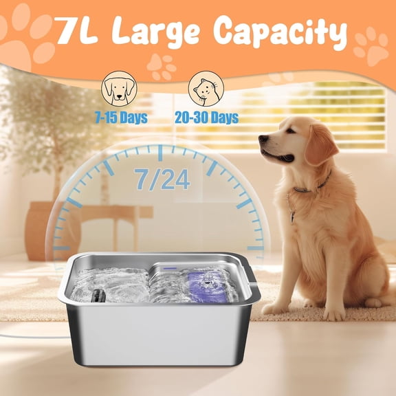 Stainless Steel Dog Fountain, 7L/10L Large Capacity Automatic Water Dispenser with 5 Filters, LED Indicator, Silent Pump for Medium to Large Cats Dogs and Multi-Pet Home (7L Fountian)