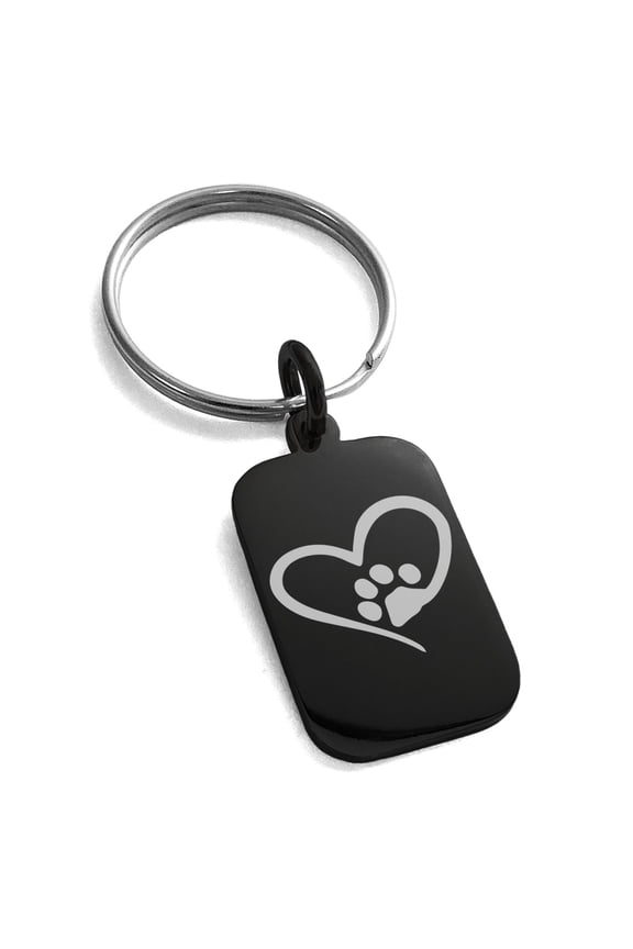 Stainless Steel Dog Paw Heart Engraved Small Rectangle Dog Tag Charm Keychain Keyring