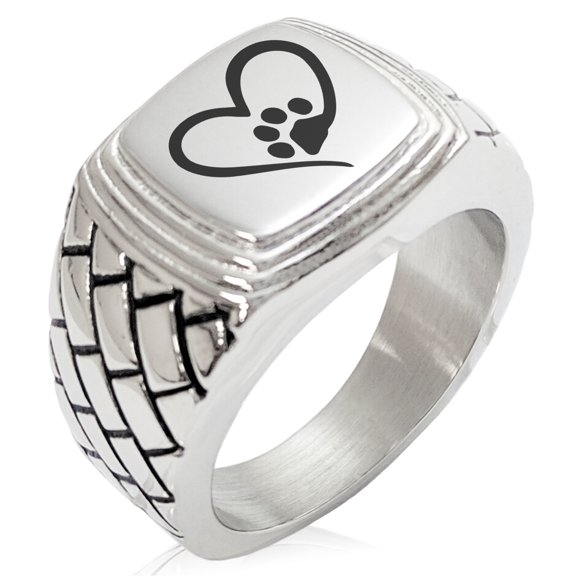 Stainless Steel Dog Paw Heart Geometric Pattern Step-Down Biker Style Polished Ring
