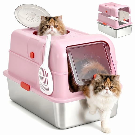 Stainless Steel Dog Proof Cat Litter Box, Large Enclosed Metal Litter Pan with Lid, Anti-Leak High Sides, Front Entry Top Exit for Big Cats & Multi-Cat Home, Includes Scoop