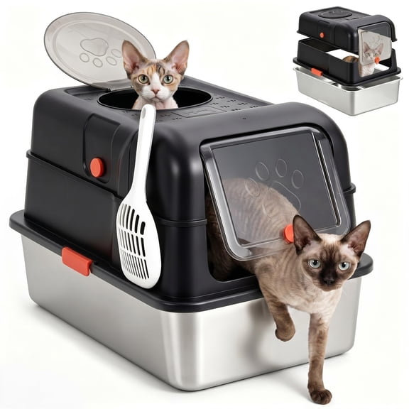 Stainless Steel Dog Proof Cat Litter Box, Large Enclosed Metal Litter Pan with Lid, Anti-Leak High Sides, Front Entry Top Exit for Big Cats & Multi-Cat Home, Includes Scoop