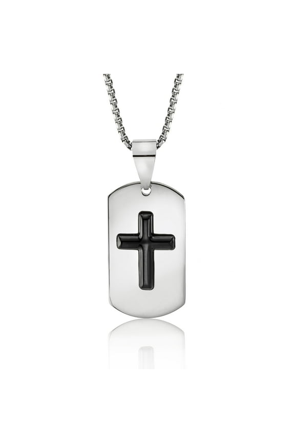 Stainless Steel Dog Tag Cross Pendant Necklace with Black Onyx - Religious Jewelry for Men or Women