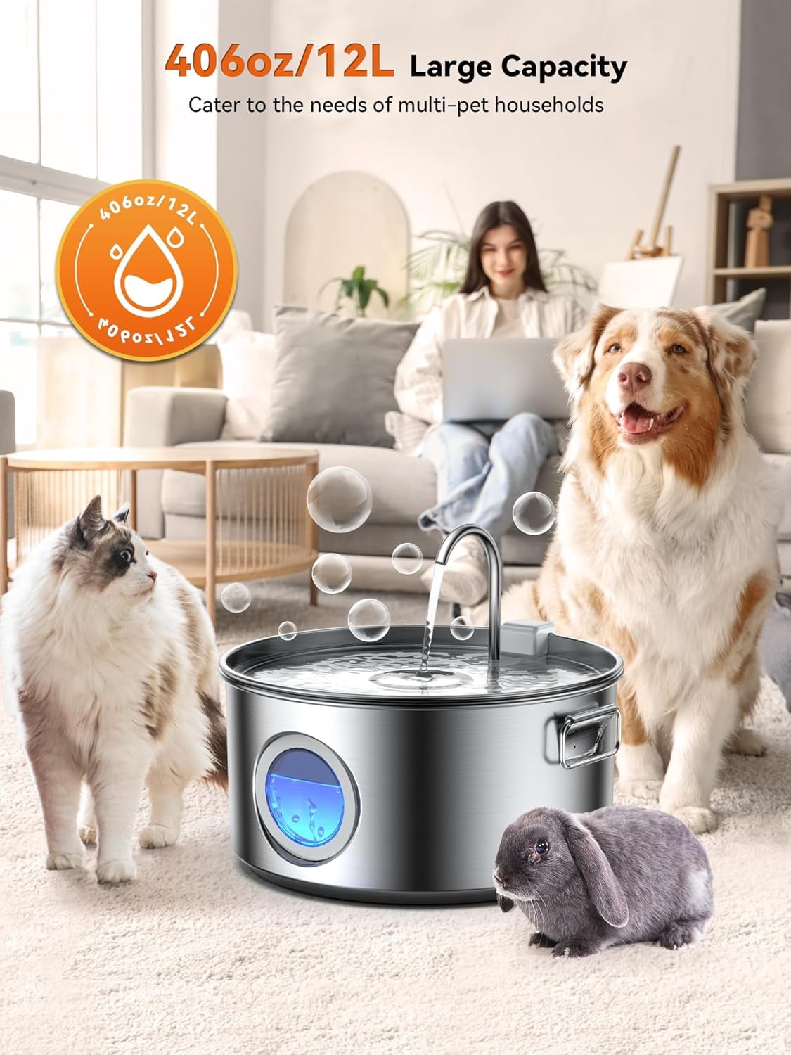 Stainless Steel Dog Water Fountain 3.2Gal with Visible Window and 7 Filters for Large Dogs