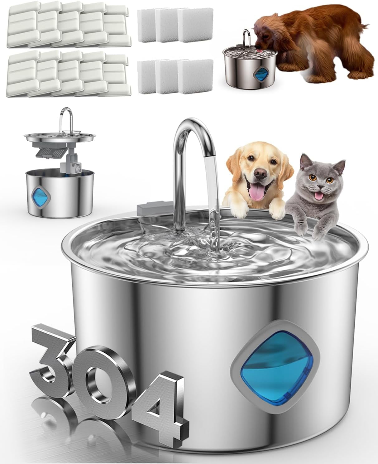 Stainless Steel Dog Water Fountain - Quad-Purification System, Continuous Circulating Flow, Quiet Operation & Easy-to-Clean