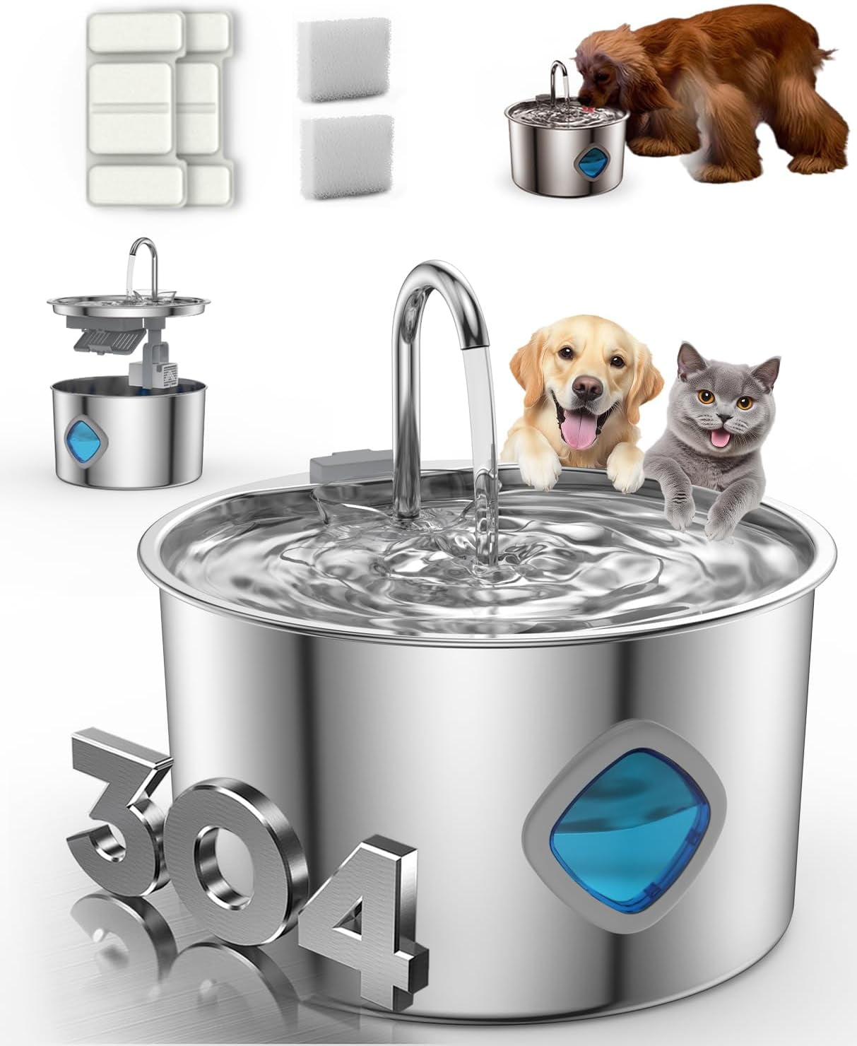 Stainless Steel Dog Water Fountain - Quad-Purification System, Continuous Circulating Flow, Quiet Operation & Easy-to-Clean