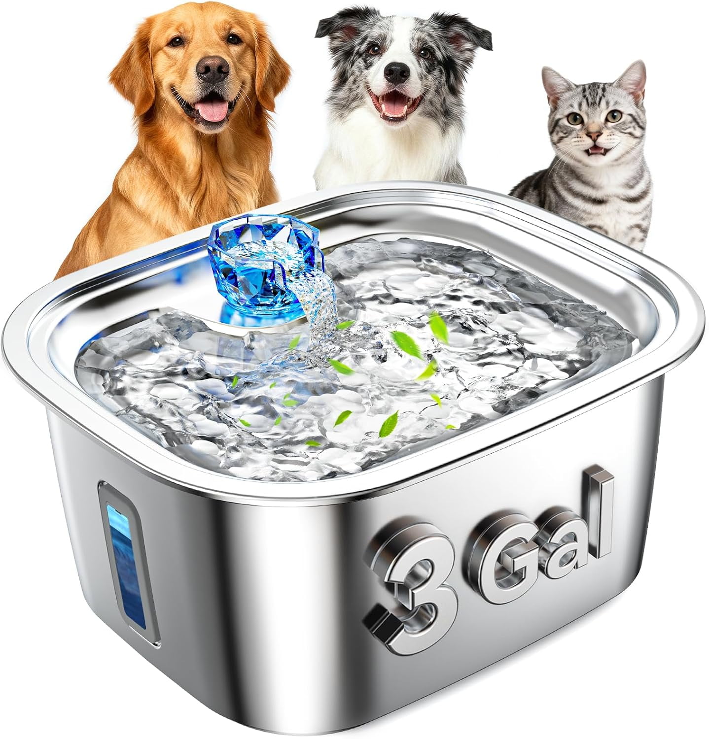 Stainless Steel Dog Water Fountain with 4 Filters, Visible Window, Quiet Pump and LED Low-Water Indicator for Large Dogs