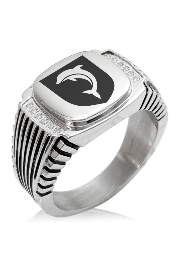 Stainless Steel Dolphin Diligence Coat of Arms Shield CZ Ribbed Needle Stripe Pattern Biker Style Polished Ring