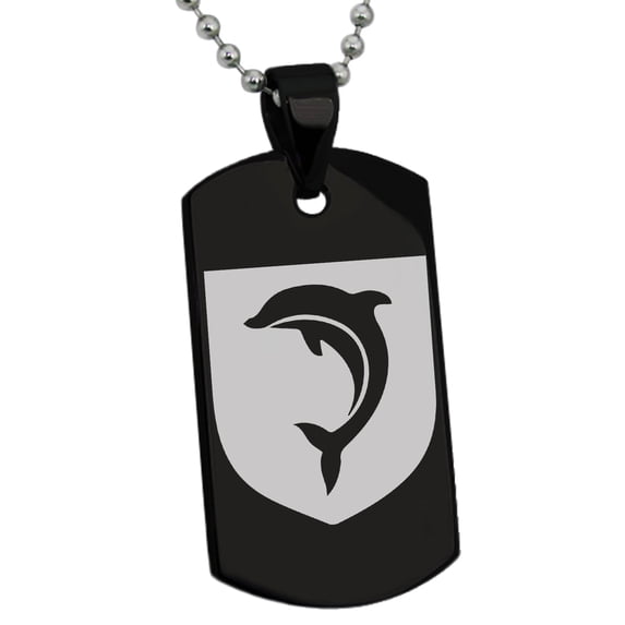 Tioneer Stainless Steel Dolphin Diligence Coat of Arms Shield Engraved Dog Tag Pendant Necklace