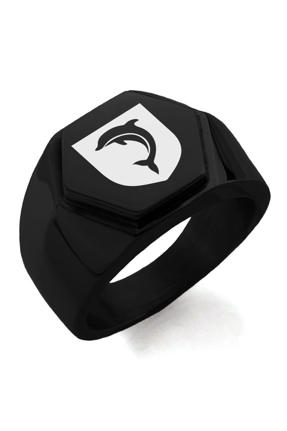 Stainless Steel Dolphin Diligence Coat of Arms Shield Engraved Hexagon Crest Flat Top Biker Style Polished Ring