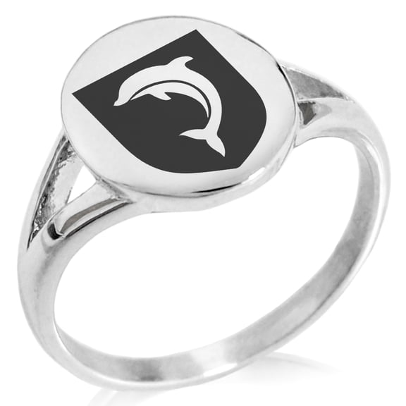 Stainless Steel Dolphin Diligence Coat of Arms Shield Minimalist Oval Top Polished Statement Signet Ring