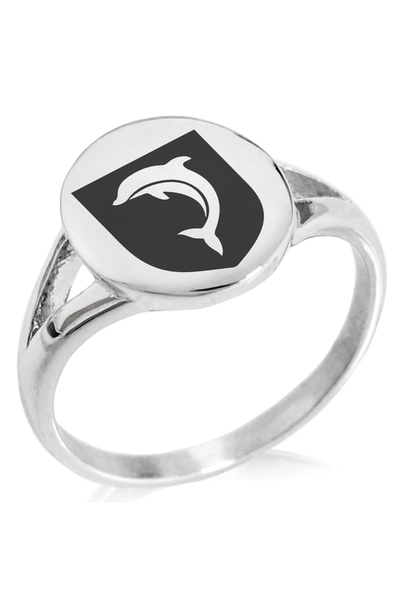 Stainless Steel Dolphin Diligence Coat of Arms Shield Minimalist Oval Top Polished Statement Signet Ring