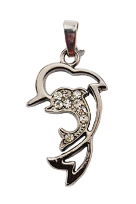Stainless Steel Dolphin Outline Twin Couple Crystal Rhinestone Necklace Pendant