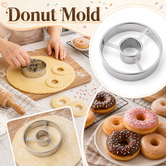Stainless Steel Donut Baking Mold – 2 Pcs Multifunctional Ring Cookie Cutter, Round Cake Biscuit Press for Kitchen, Dishwasher Safe Gold