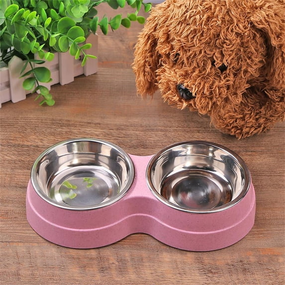 Stainless Steel Double Bowl Dog Feeder – Puppy Food and Water Dish – Small Dog Accessories for Healthy Feeding – Durable and Easy to Clean (Pink)