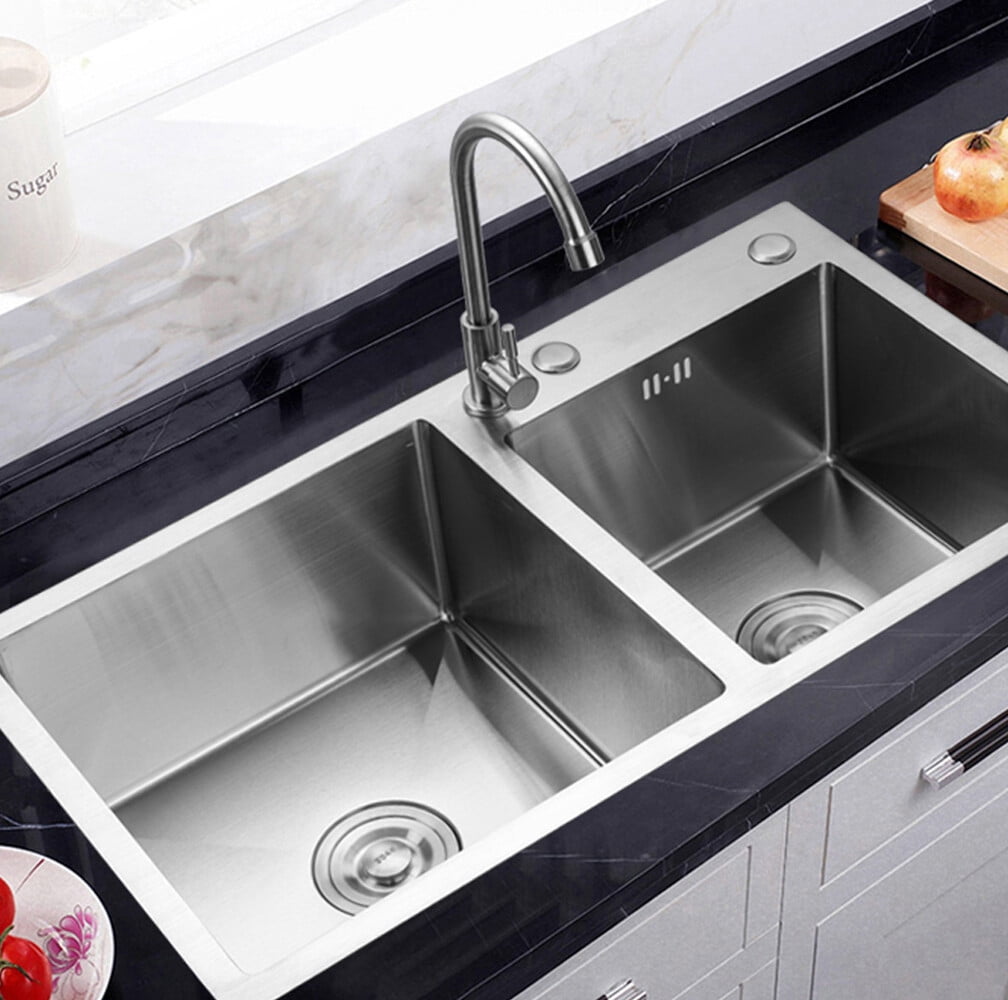 Stainless Steel Double Bowl Kitchen Sink  30.7" x 16.9" Drop-in Sink with 2.5mm Thickness, 210mm Deep Basin, Rear Drain Design, Sound Dampening Pads  Top Mount 2 Compartment Sink for Home Kitchen