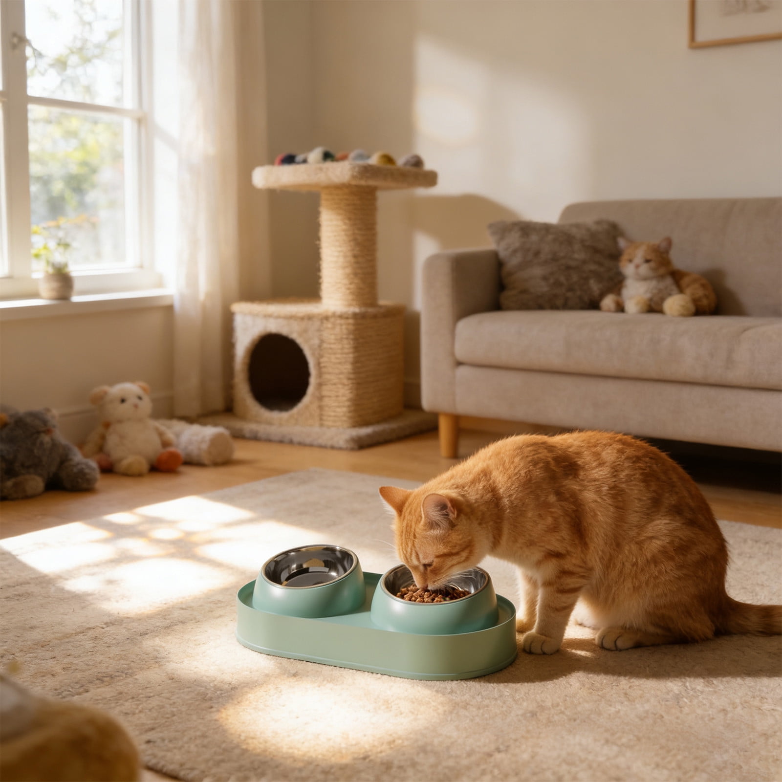 Stainless Steel Double Cat Bowl, Tilted Elevated Food and Water Dish, Ergonomic Non-Slip Feeder for Cats and Kittens, Easy Clean Large Capacity Pet Bowl in Mint Green
