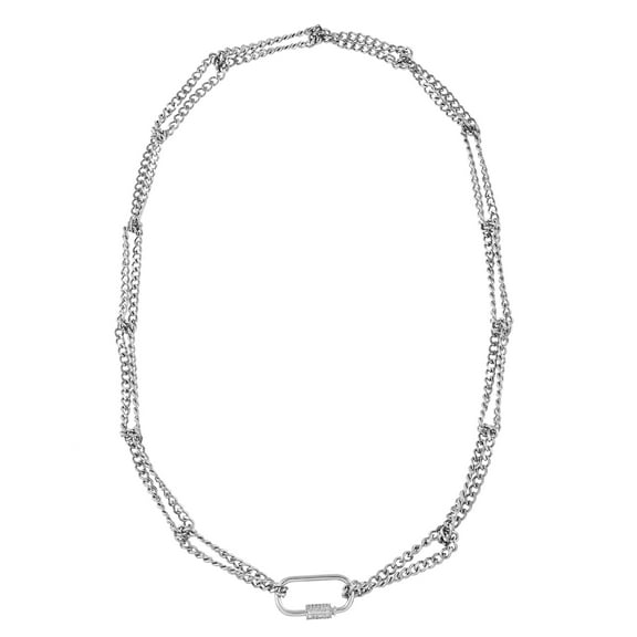 Stainless Steel Double Chain Carabiner Necklace - Long Silver Chain Necklace, Punk Chunky Necklace for Men, Hip hop Layer Necklace for Women