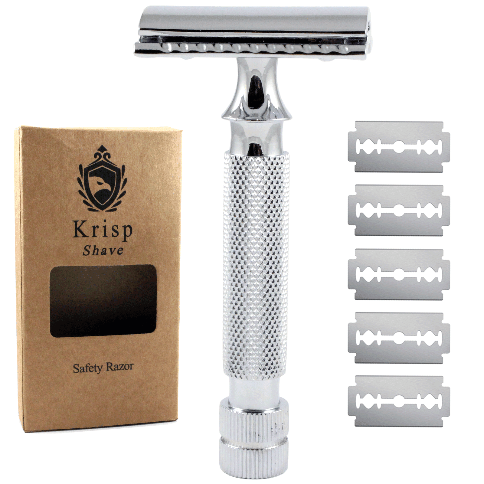 Stainless Steel Double Edge Safety Razor For Men Wet Beard Shave + 5 Shaving Blades
