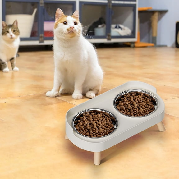 Stainless Steel Double Elevated Pet Feeder with Anti-Tip Base & Twin Removable Bowls, Ergonomic Bowls for Kittens and Adult Cats