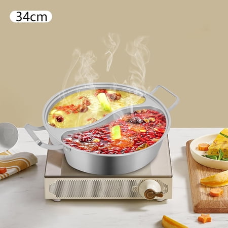 Stainless Steel Double-Flavor Hot Pot with S-Shaped Divider, Shabu Shabu Pot for 6-8 People, Soup Pot, Clear Lid, Induction Cookware Compatible for Gas & Electric Stoves