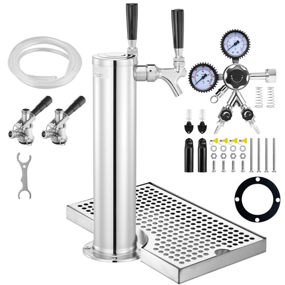 Stainless Steel Double Head Beer Tower Dispenser Kit with Dual Meter CGA320 Regulator D Type Keg Connector and Drip Tray