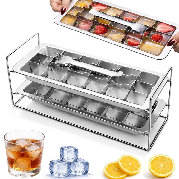 Stainless Steel Double Ice Cube Trays, Metal Ice Cube Trays for Freezer with Stand and Clip (11", 36 cubes), Remove Handle for Making Large Cubes Kitchen & Bar