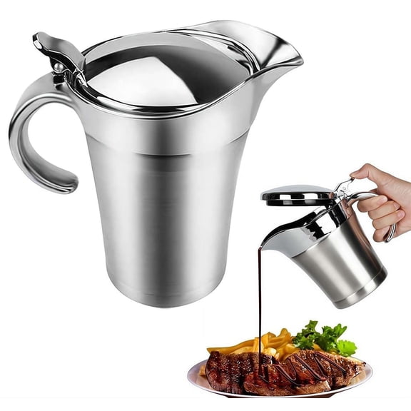 Stainless-Steel Double Insulated Gravy Boat 400ml - Sauce Jug Gravy Boat with Hinged Lid, Ideal Gravy Boat for Gravy or Cream at Thanksgiving, Gravy Pitcher