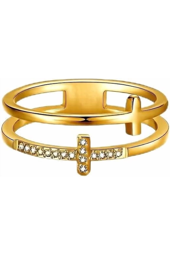 Stainless Steel Double Layer Cross Ring for Women Minimalist Cubic Zirconia Stackable Eternity Band