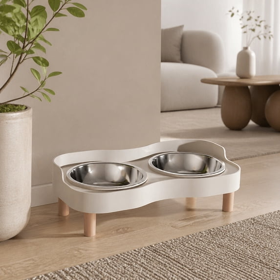 Stainless Steel Double Pet Bowl with Raised Wood Stand, Elevated Dog and Cat Feeder for Neck Protection, Spill-Proof Tray and Non-Slip Base, Rust-Resistant Food and Water Bowls, 1PC