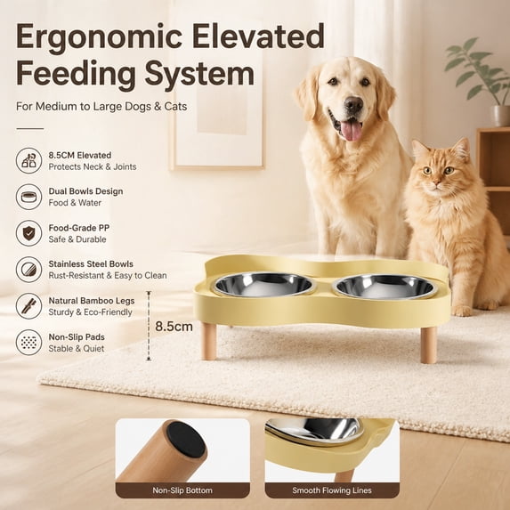 Stainless Steel Double Pet Bowl with Raised Wood Stand, Elevated Dog and Cat Feeder for Neck Protection, Spill-Proof Tray and Non-Slip Base, Rust-Resistant Food and Water Bowls, 1PC