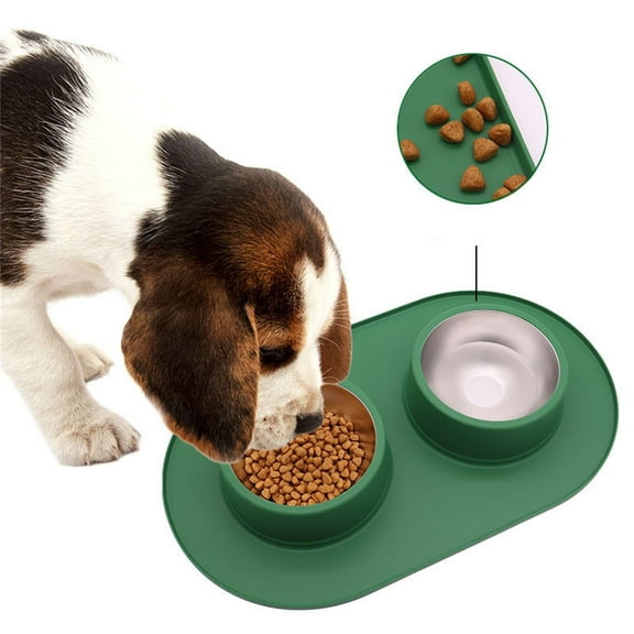 Stainless Steel Double Pet Bowl with Non- Silicone Mat Durable Dog Cat Feeder Dish for Indoor Outdoor Use