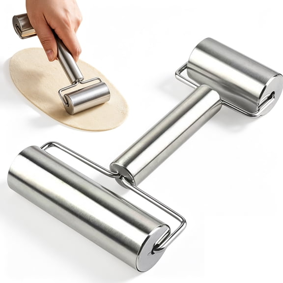 Stainless Steel Double Roller Rolling Pin, 7.17x4.13 Inch Non-Stick Dough Press for Dumplings & Pizza, Heavy Duty Kitchen Baking Tool