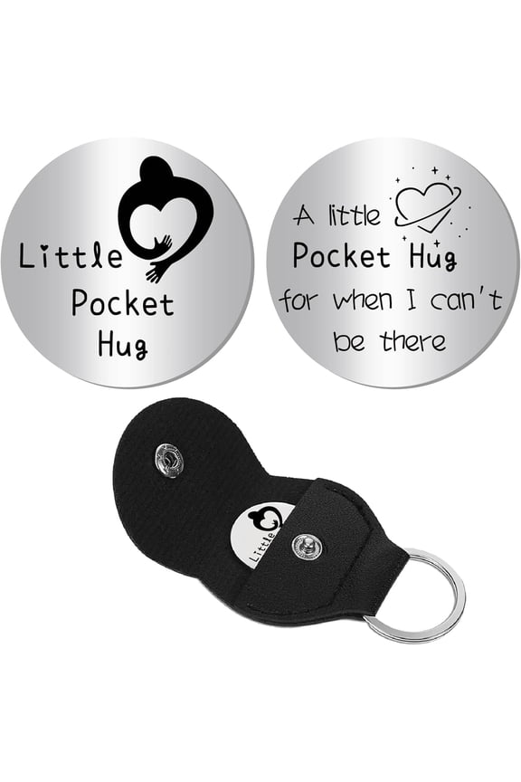 Stainless Steel Double Sided Pocket Hug Token Long Distance Relationship Keepsake with PU Leather Keychain Inspirational Gift for Friends Relative Birthday Christmas Heart Hand 1.2x1.2inch grey