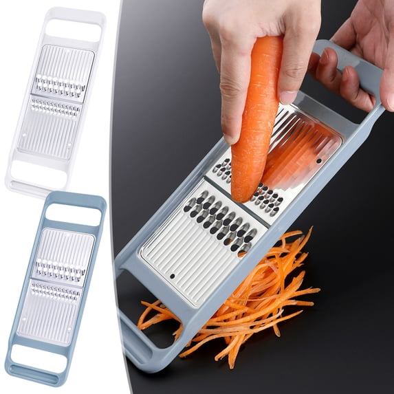 Stainless Steel Double-Sided Vegetable Grater, Multifunctional Kitchen Slicer for Potatoes, Carrots, Radish - Adjustable Thickness, Compact Modern Design, Blue and White Handle