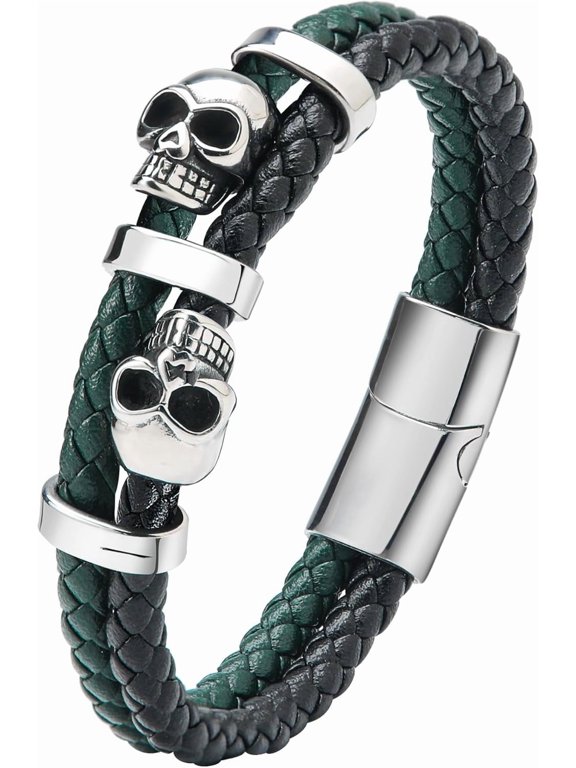 Stainless Steel Double Skull Bracelet - Men's Genuine Leather Punk Skull Bracelet - Gothic Style Bracelet - Multiple Colors Available