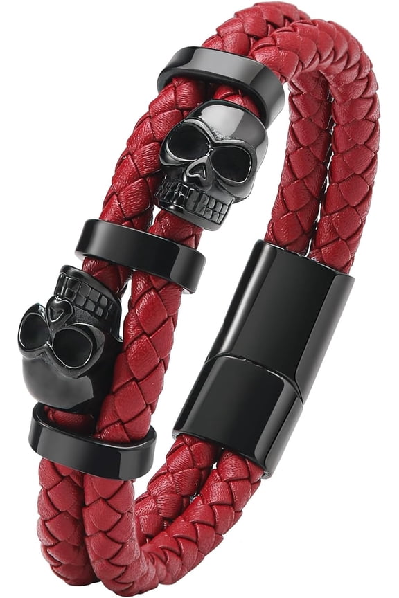 Stainless Steel Double Skull Bracelets - Mens PU Leather Punk Skeleton - Cuff Gothic Jewelry