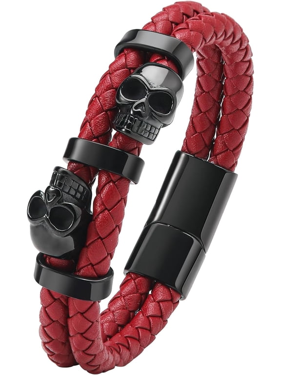 Stainless Steel Double Skull Bracelets - Mens PU Leather Punk Skeleton - Cuff Gothic Jewelry