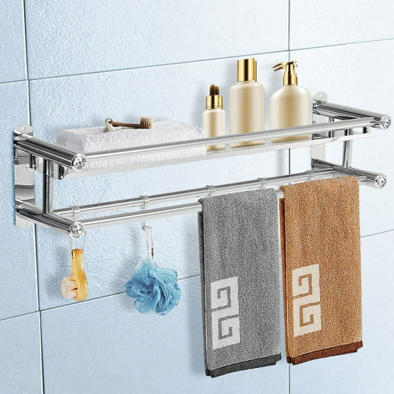Stainless Steel Double Towel Rack Wall Mount Bathroom Shelf Bar Rail Hotel Style