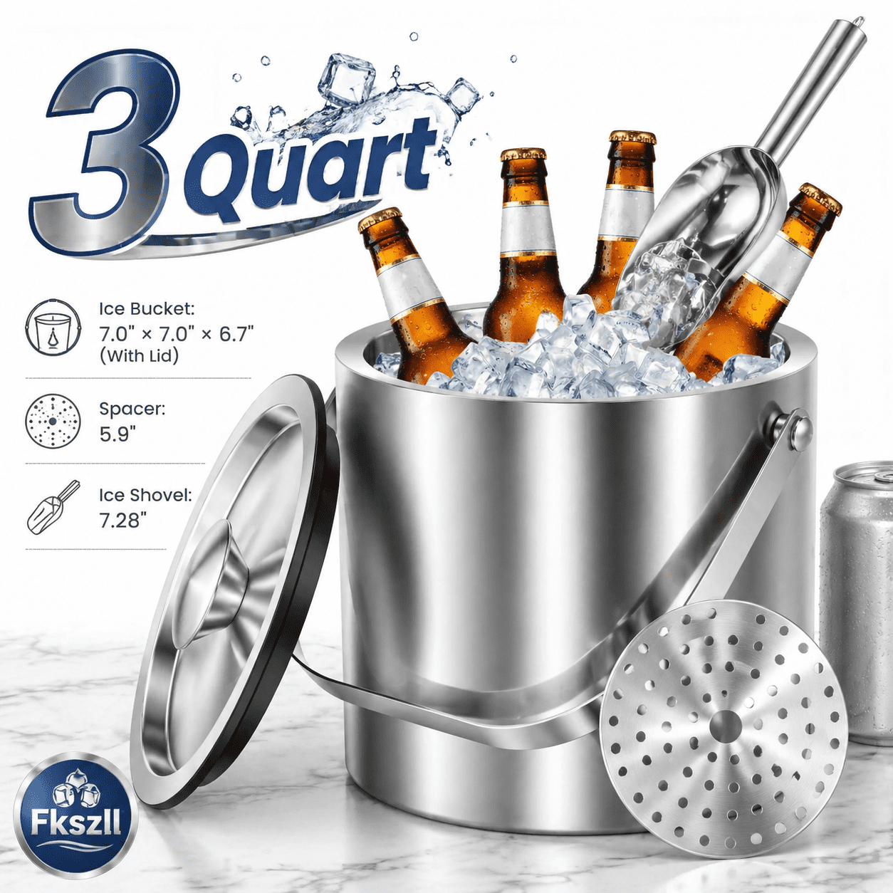 Stainless Steel Ice Bucket - 3 Quart (3L) Double-Wall Insulated Ice Buckets for Parties with Lid Scoop Strainer & Handle Beverage Large Champagne Wine Drink Container Holder Ideal