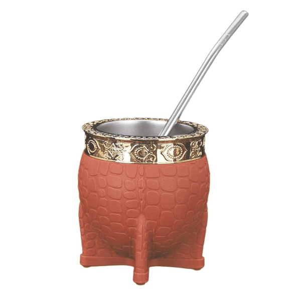 Stainless Steel Double-Walled Paraguay Tea Cup Flat Bottom Mug with Straw, Turtle Shell Texture, Insulated Eggshell Mate Cup