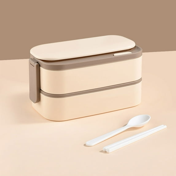 Stainless Steel Double-layer Lunch Box, Sealed, Portable, Microwaveable, Apricot Color, 8.66"x4.52"x4.52", Includes Chopsticks Spoon
