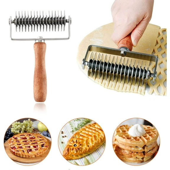 Stainless Steel Dough Lattice Top Cookie Pie Pizza Bread Pastry Crust Roller Cutter Holder Wooden Handle, Lattice Dough Cutter for Fishnet Crust
