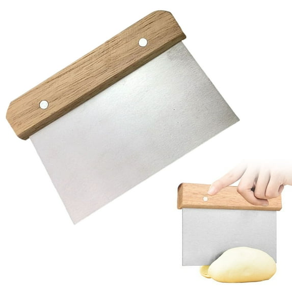 Stainless Steel Dough Scraper with Wooden Handle & Ruler, 15x11cm Baking Tool for Cutting Noodle Dough and Pastry