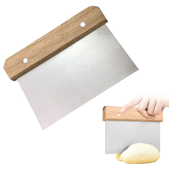 Stainless Steel Dough Scraper with Wooden Handle & Ruler, 15x11cm Baking Tool for Cutting Noodle Dough and Pastry