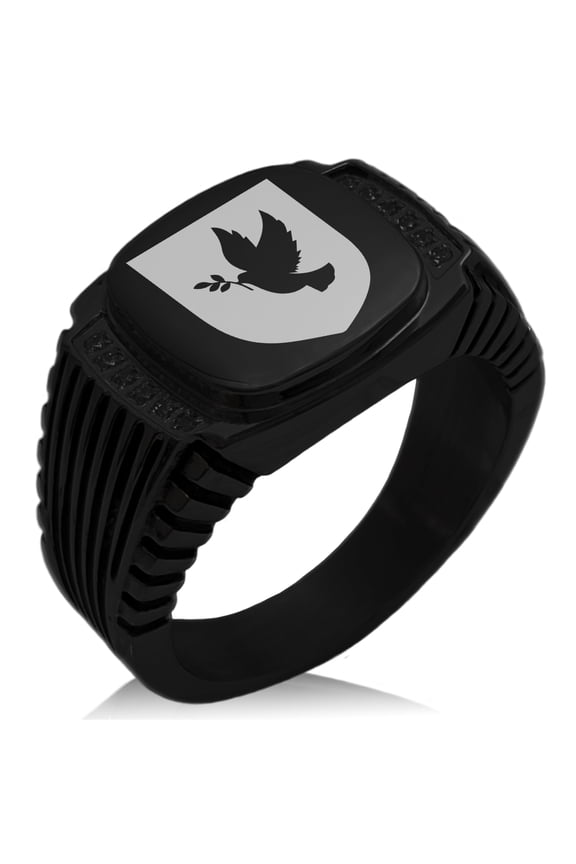 Stainless Steel Dove Peace Coat of Arms Shield CZ Ribbed Needle Stripe Pattern Biker Style Polished Ring