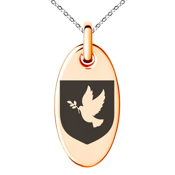 Stainless Steel Dove Peace Coat of Arms Shield Engraved Small Oval Charm Pendant Necklace