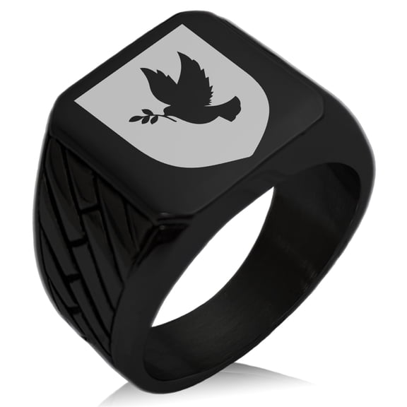 Stainless Steel Dove Peace Coat of Arms Shield Geometric Pattern Biker Style Polished Ring