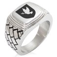 thumbnail image 1 of Stainless Steel Dove Peace Coat of Arms Shield Geometric Pattern Step-Down Biker Style Polished Ring, 1 of 1